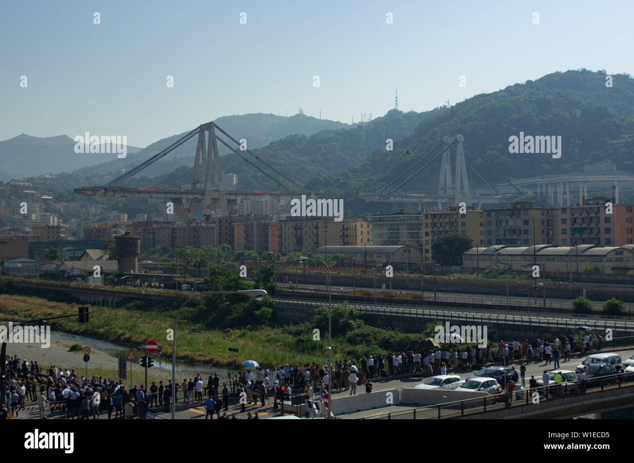 View of the Ponte Morandi Bridge remains before demolition and consequent collapse in Genoa, Italy on june 28, 2019 Stock Photo
