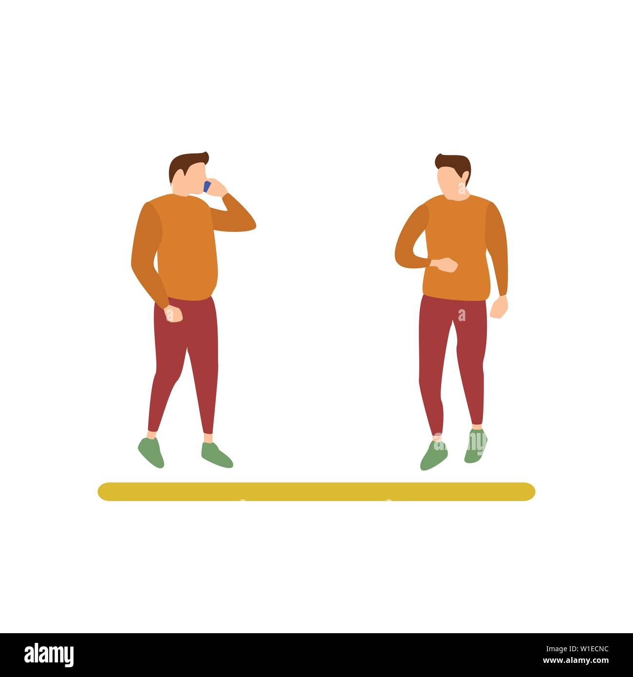 Flat Design Character of a Guy Calling and a Guy in a Hurry Looking His Watch, Human Activities Bus Stop Stock Vector