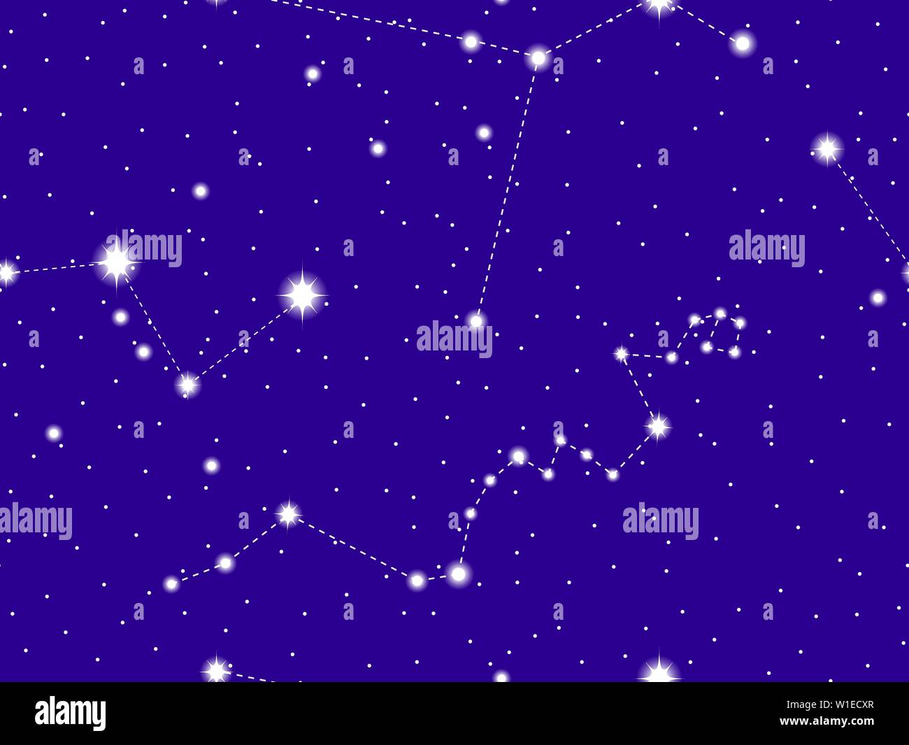 Seamless pattern starry sky with the constellations of Cassiopeia, Hydra and Columba. Cluster of stars and galaxies. Deep space. Vector illustration Stock Vector