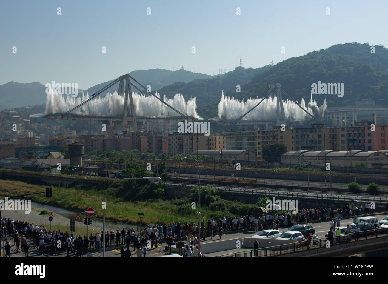 View of the Ponte Morandi Bridge remains during demolition and consequent collapse in Genoa, Italy on june 28, 2019 Stock Photo
