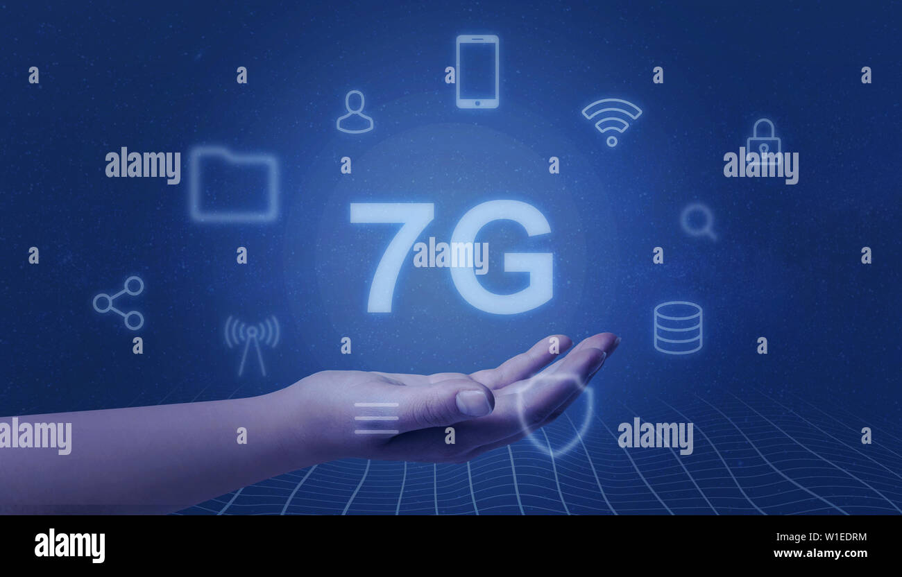 Seven generation of mobile network concept. Hand showing 7G surrounded by service icons. Stock Photo