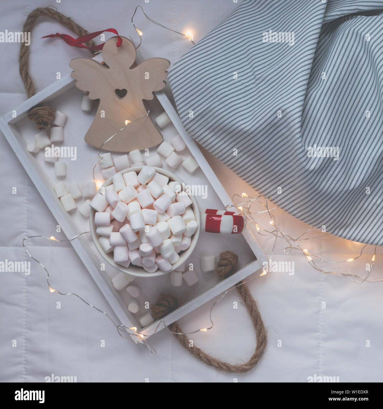New Year or Christmas square flat lay top view with Hot cacao coffee