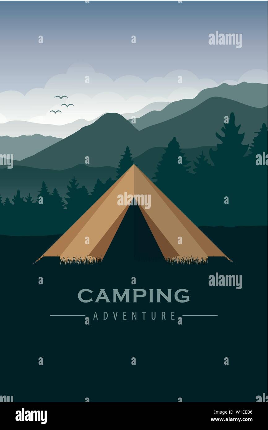 camping adventure tent at green mountain and forest landscape vector ...