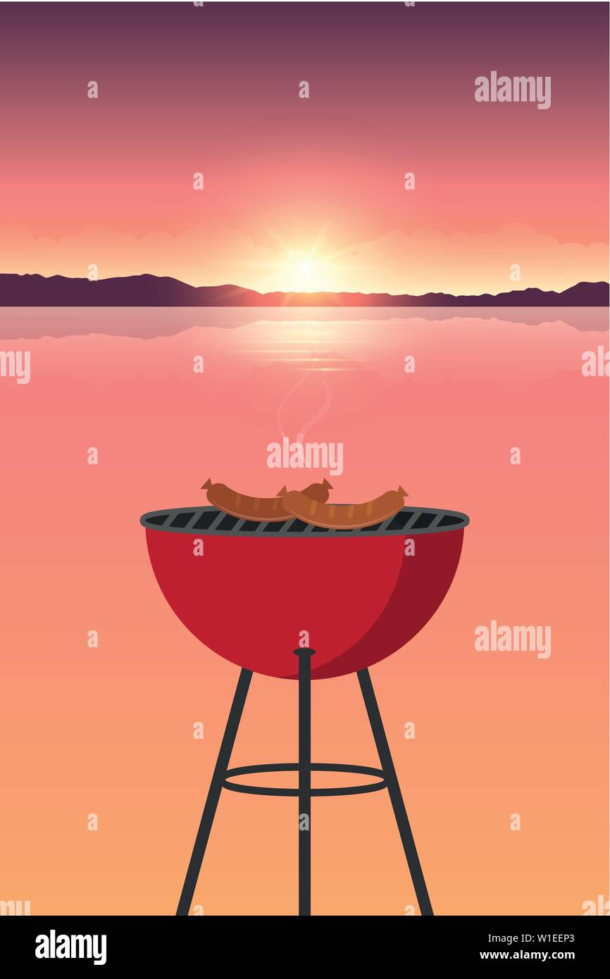 barbeque time in the nature landscape by the lake at sunset vector illustration EPS10 Stock Vector