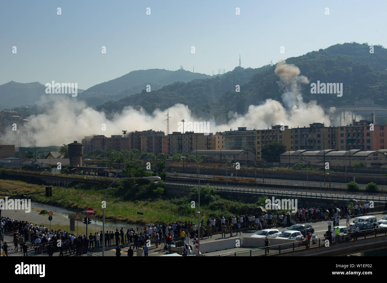 View of val polcevera after Ponte Morandi Bridge remains' demolition and consequent collapse in Genoa, Italy on june 28, 2019 Stock Photo