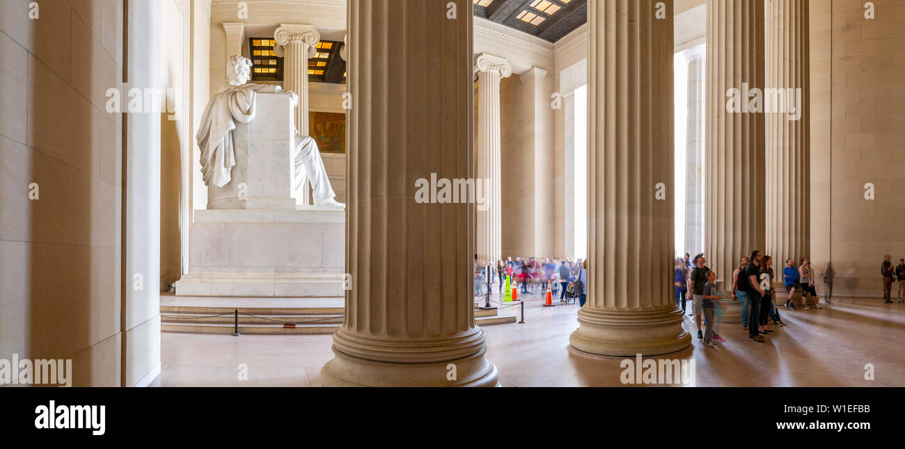 Panoramic view of visitors around the statue of Abraham Lincoln, Lincoln Memorial, Washington, D.C., United States of America, North America Stock Photo