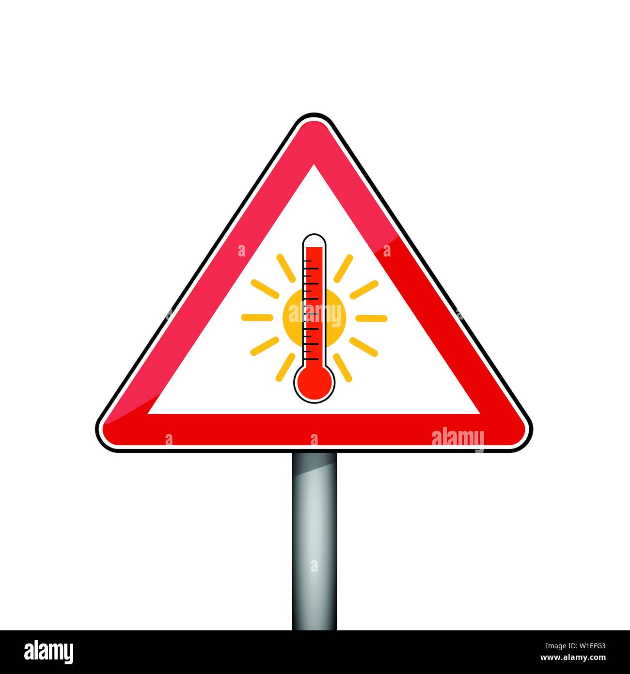 triangular red warning sign with heat thermometer icon and sun vector illustration EPS10 Stock Vector