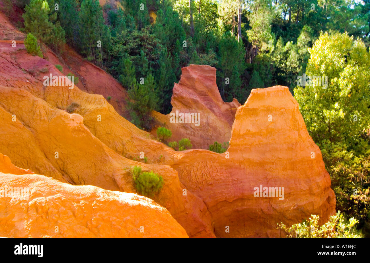 in den Ocker-Brüchen von Roussillon: Farbkontrast grün-orange - yellow rocks in the ocher-quarries of Roussilon, France, contrast green-orange Stock Photo