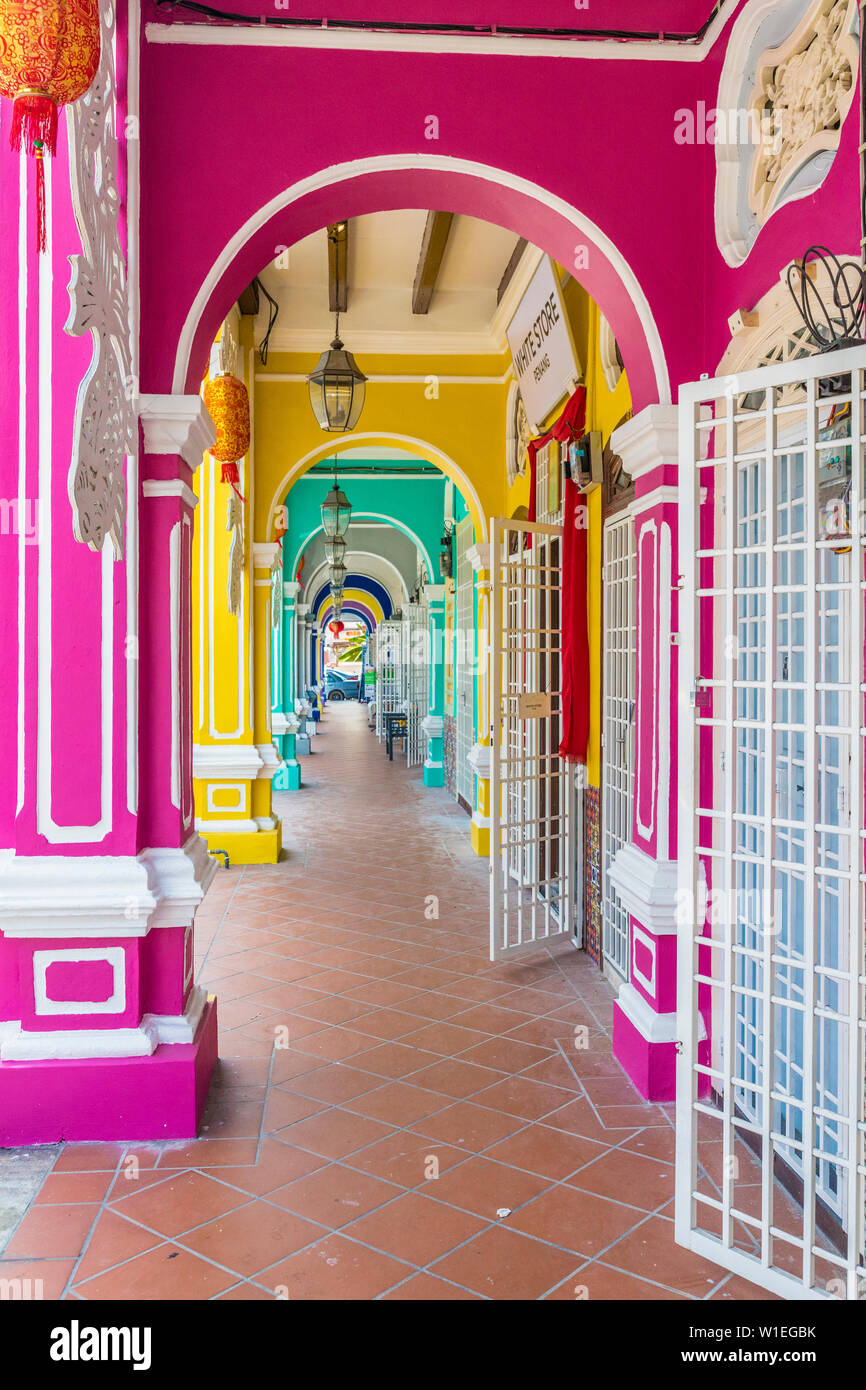 The colourful shop house architecture of Kek Chuan Jalan Road in George Town, Penang Island, Malaysia, Southeast Asia, Asia Stock Photo