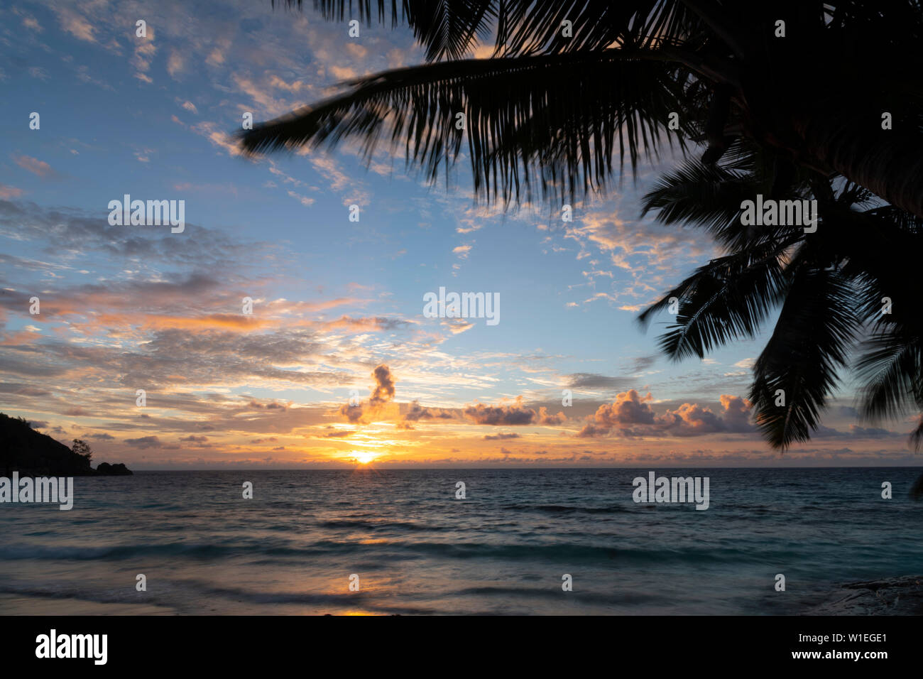 Sunset on Petit Anse, Mahe, Seychelles, Indian Ocean, Africa Stock Photo