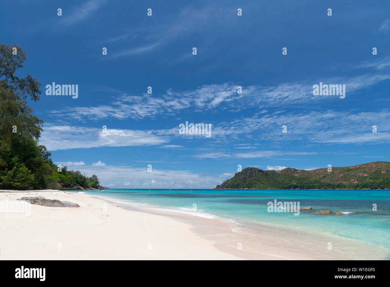 A view along Anse Boudin toward Curieuse Island from Praslin, Seychelles, Indian Ocean, Africa Stock Photo