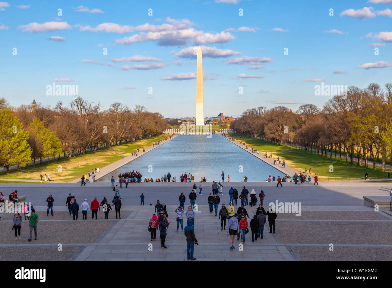 View of Lincoln Memorial Reflecting Pool and Washington Monument, Washington D.C., United States of America, North America Stock Photo