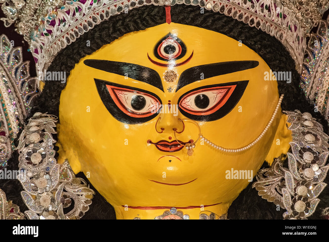 Face,of, Mother goddess ,Durga,fully ,composed,after accomplishing,Job,of, Killing Devil,Asura,inprolonged fiecrce, divinely ,battle,presently,taking, Stock Photo