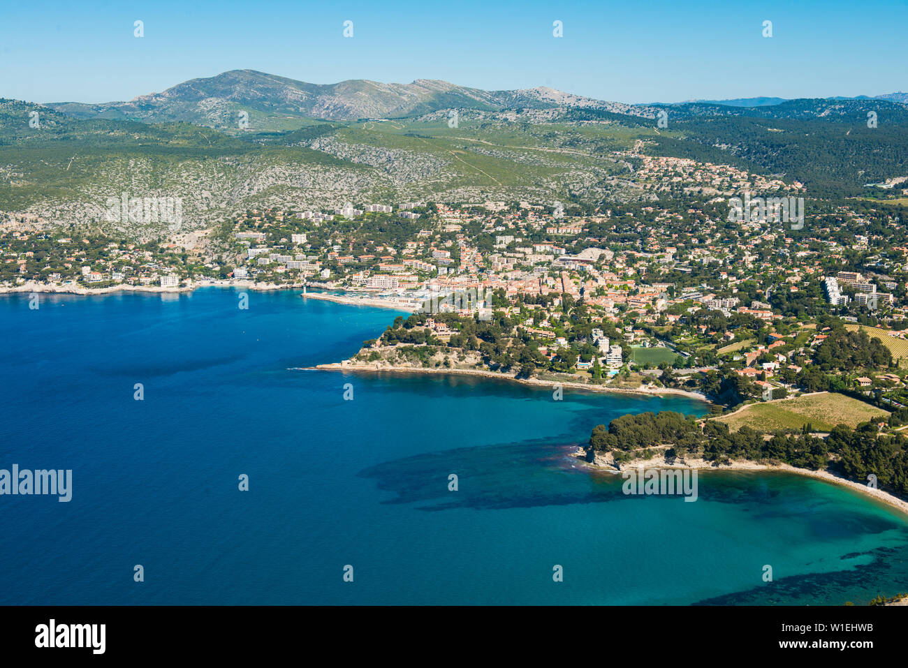 View over Cassis, Bouches du Rhone, Provence, Provence-Alpes-Cote d'Azur, French Riviera, France, Mediterranean, Europe Stock Photo