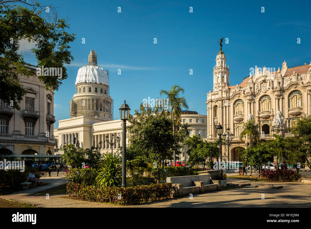 The Gran Teatro de La Habana, El Capitolio and Parque Central in Havana, Cuba, West Indies, Caribbean, Central America Stock Photo