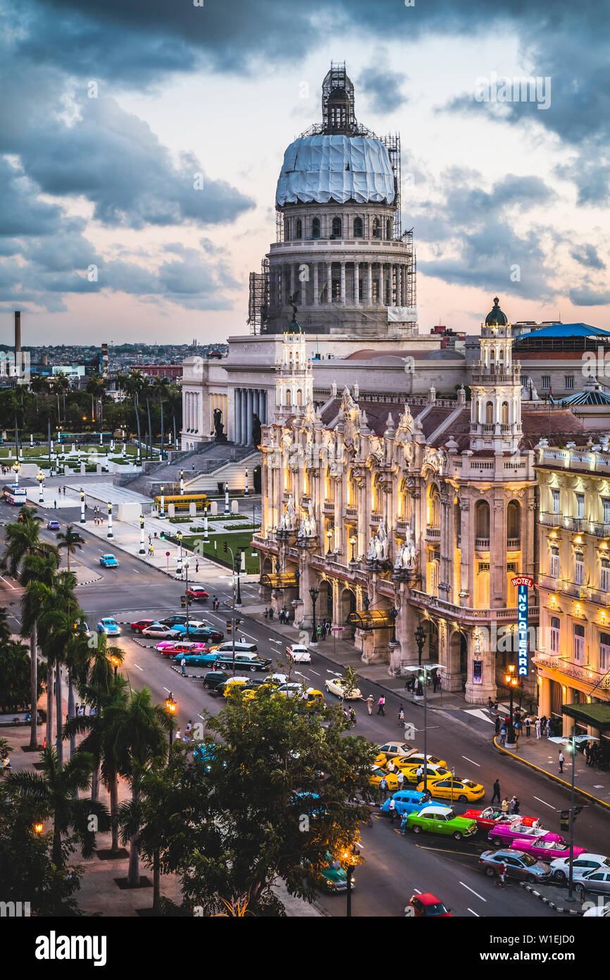 The Gran Teatro de La Habana and El Capitolio at sunset, Havana, Cuba, West Indies, Caribbean Stock Photo