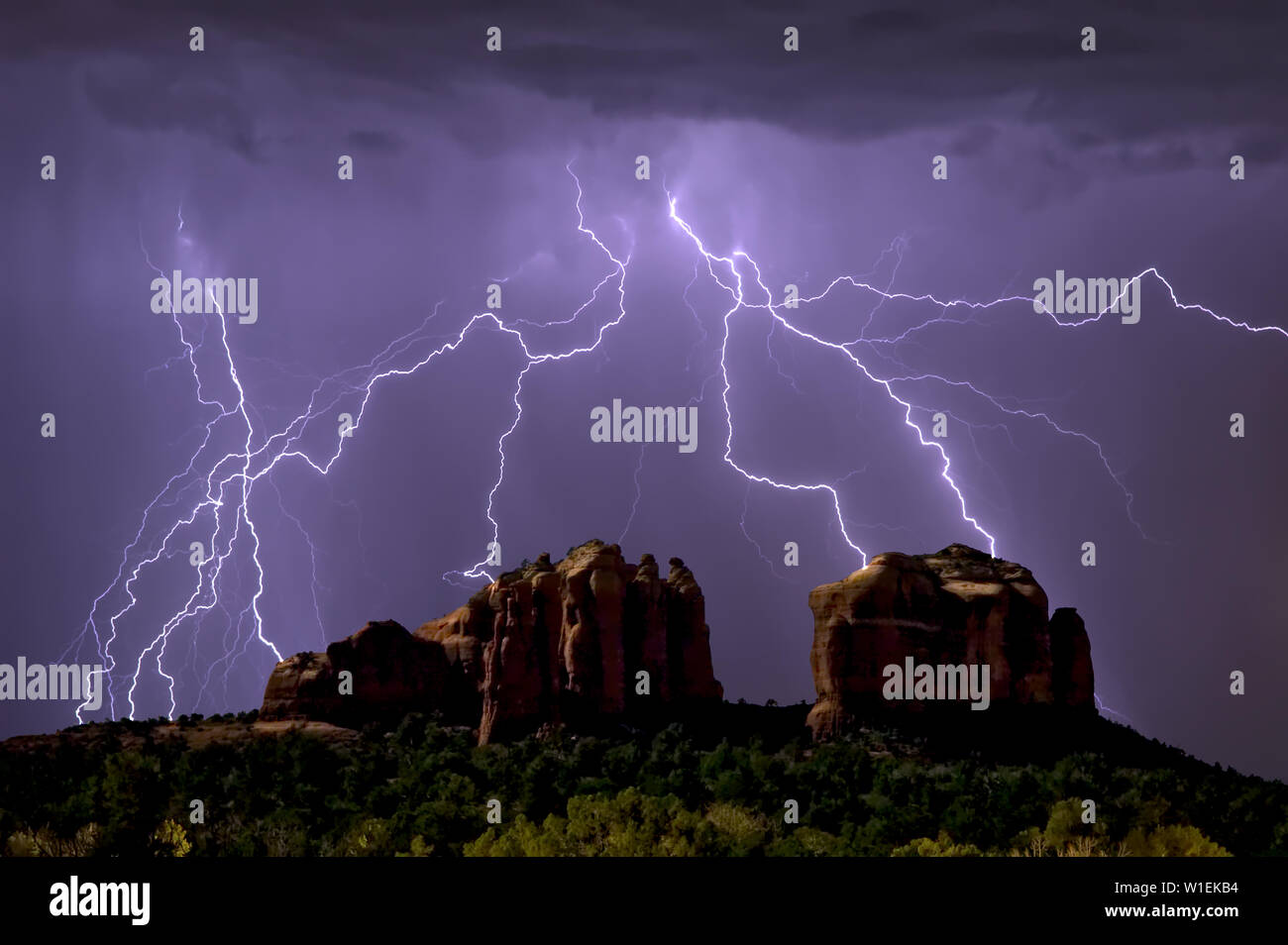 Lightning storm striking Cathedral Rock in Sedona viewed from the Little Horse Trail, Sedona, Arizona, United States of America, North America Stock Photo