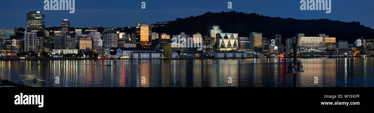 Panorama of Wellington city and waterfront at dawn, Wellington, North Island, New Zealand, Pacific Stock Photo