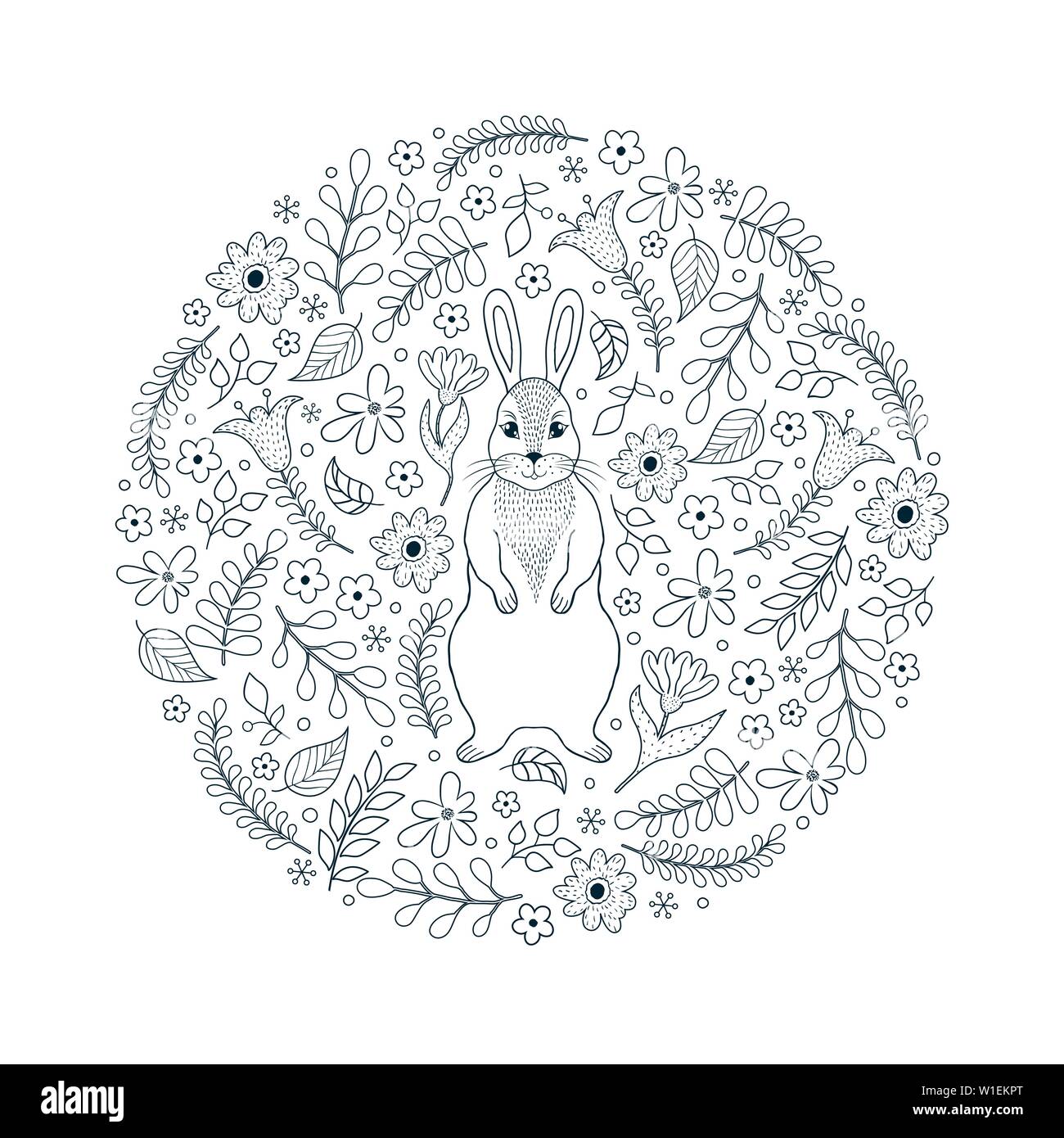 Hand drawn pattern with cat and flowers on white background Stock Vector