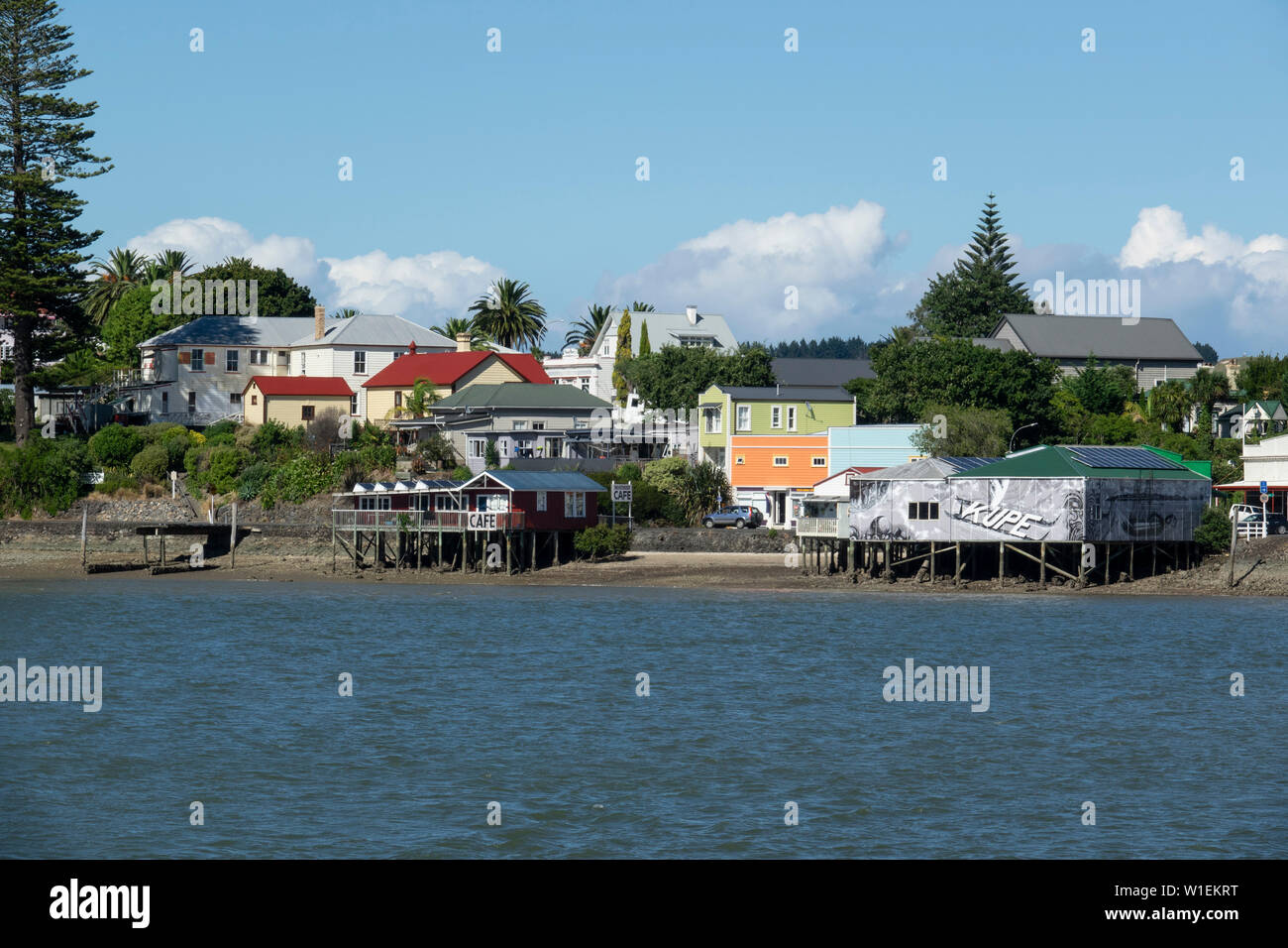 Rawene town from the ferry on the Hokianga, Northland, North Island, New Zealand, Pacific Stock Photo
