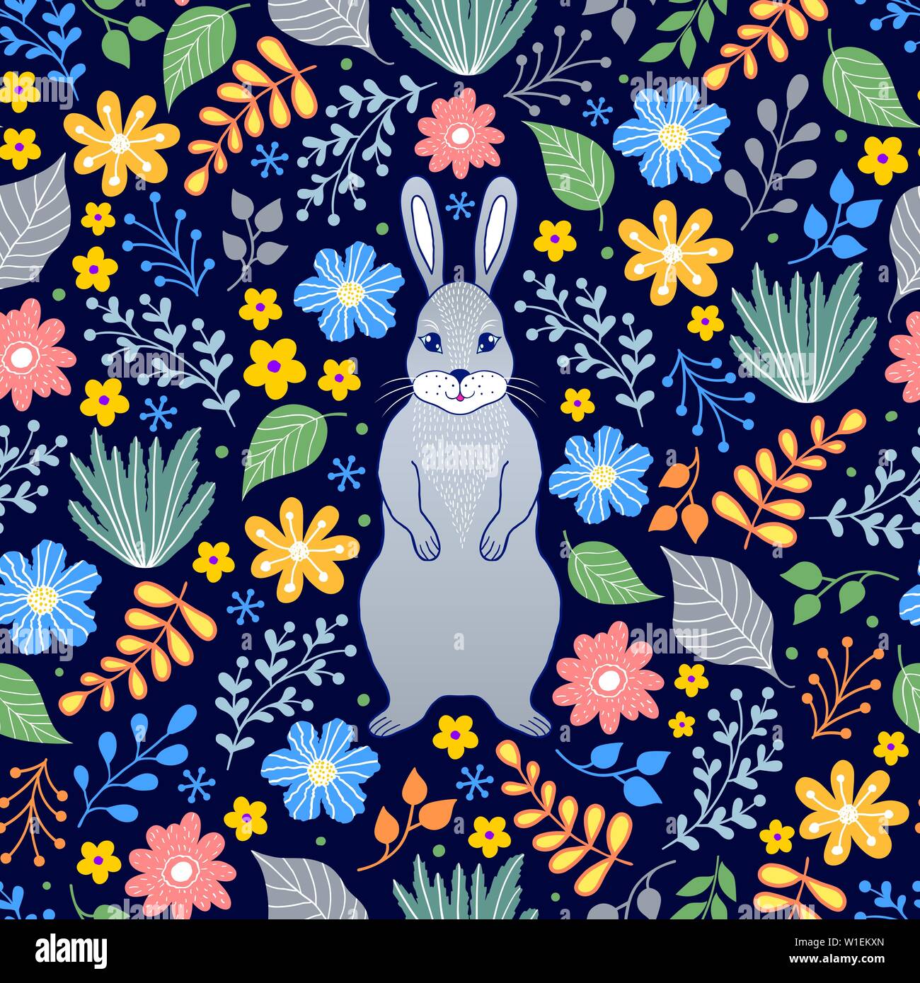 Seamless pattern with rabbit and flowers on dark background Stock ...