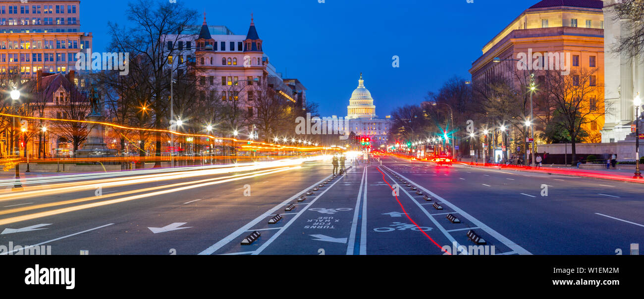 View of the Capitol Building at dusk from Pennsylvania Avenue, Washington D.C., United States of America, North America Stock Photo