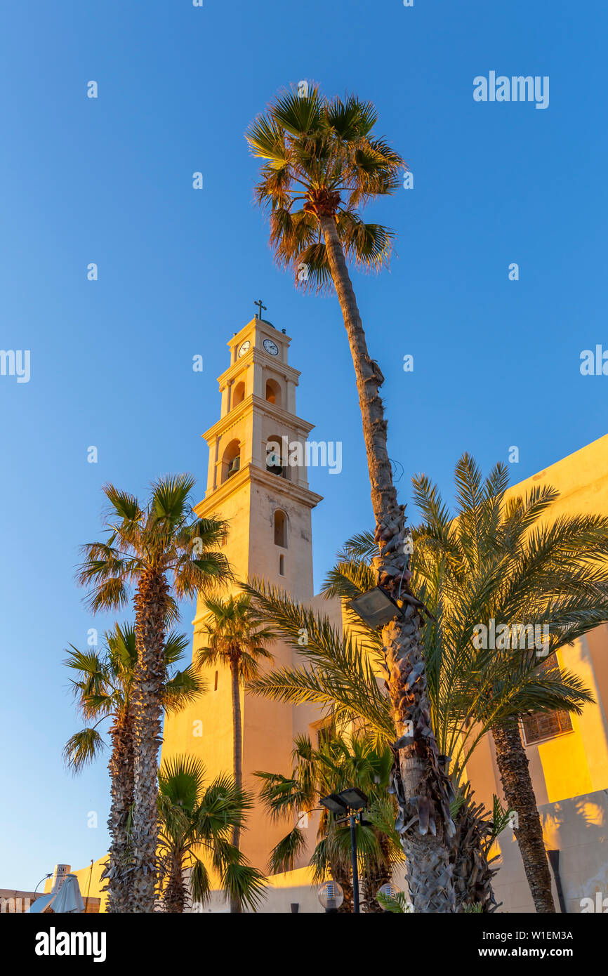 View of St. Peter's Church clock tower in Jaffa Old Town at sunset, Tel Aviv, Israel, Middle East Stock Photo