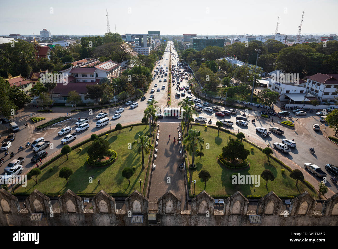 Lane Xang Avenue viewed from top of the Patuxai Victory Monument (Vientiane Arc de Triomphe), Vientiane, Laos, Indochina, Southeast Asia, Asia Stock Photo