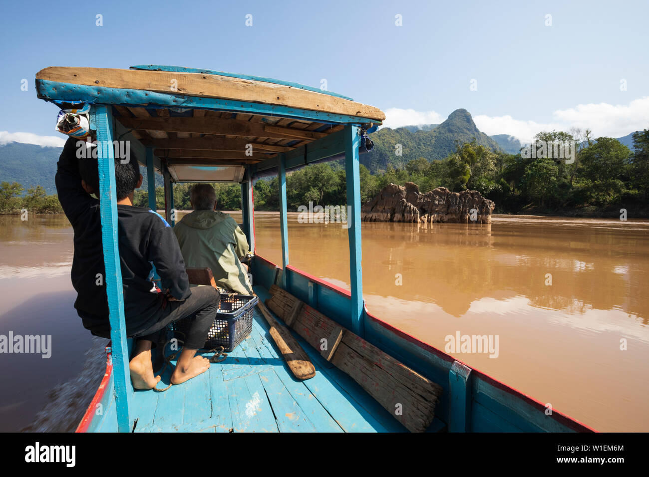 Boat trip on the Nam Ou River near Nong Khiaw, Muang Ngoi District, Luang Prabang Province, Northern Laos, Laos, Indochina, Southeast Asia, Asia Stock Photo
