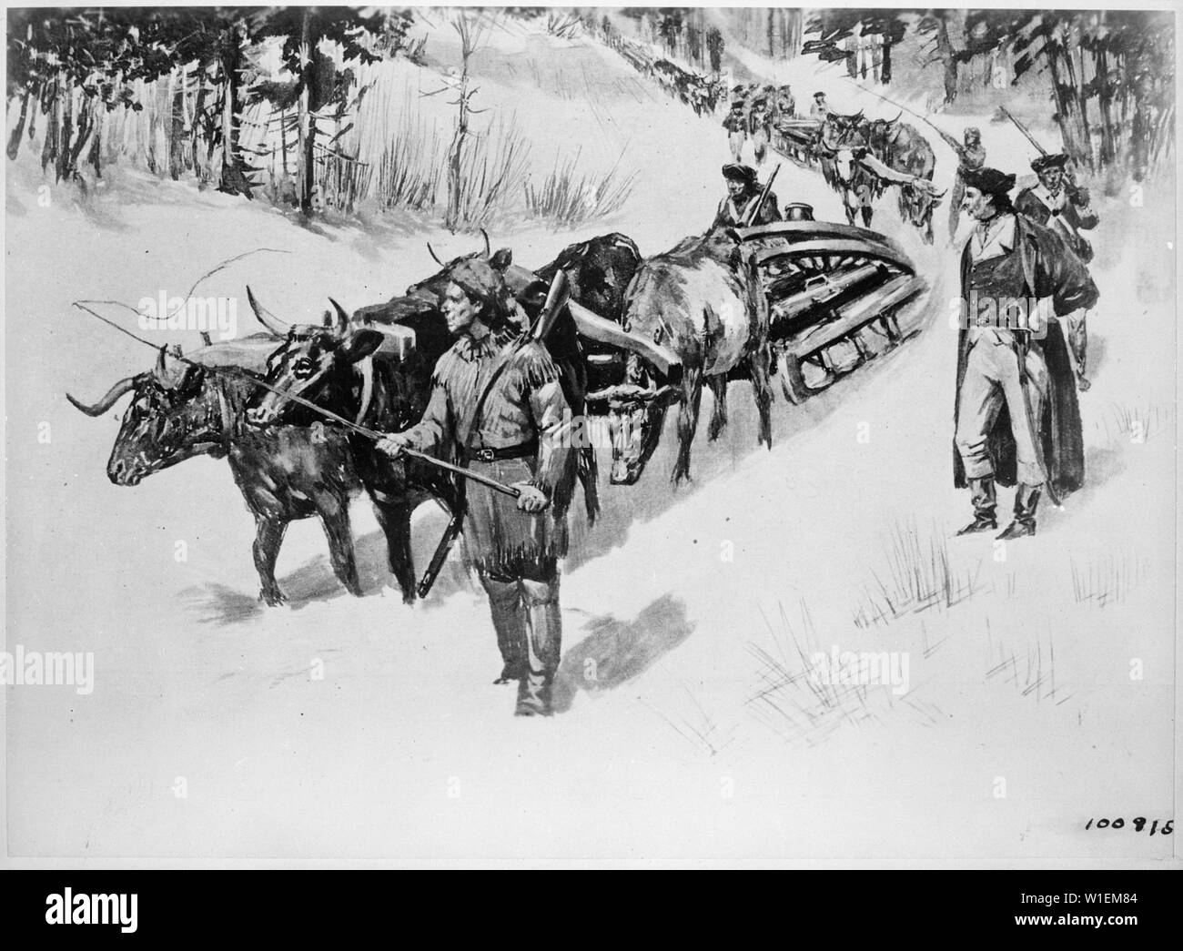 Hauling guns by ox teams from Fort Ticonderoga for the siege of Boston
