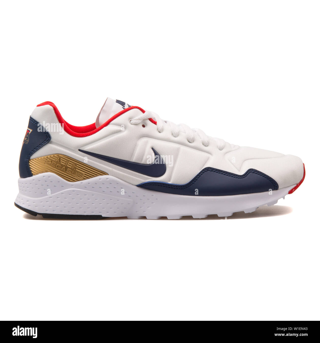 VIENNA, AUSTRIA - AUGUST 30, 2017: Nike Air Zoom Pegasus 92 white, blue,  gold and red sneaker on white background Stock Photo - Alamy