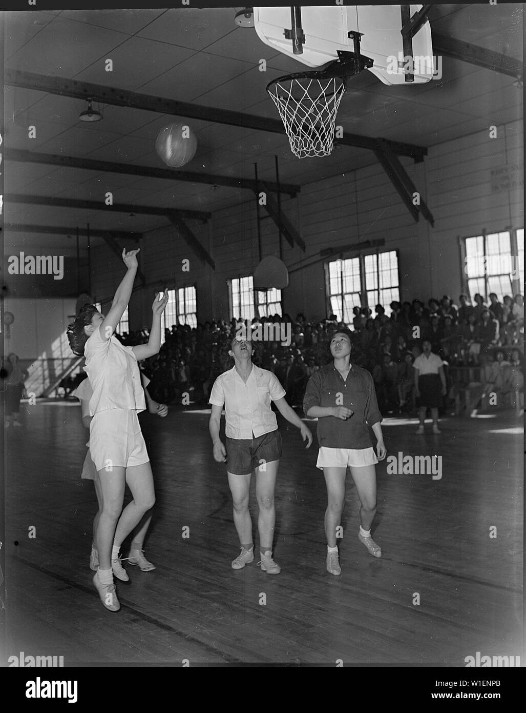 Heart Mountain Relocation Center, Heart Mountain, Wyoming. A hotly contested interscholastic basket . . .; Scope and content:  The full caption for this photograph reads: Heart Mountain Relocation Center, Heart Mountain, Wyoming. A hotly contested interscholastic basketball game between the Heart Mountain and Powell High School girls teams took place at the Heart Mountain Relocation Center on March 18th. The Heart Mountain girls were victorious, with the final score reading 32 - 24. Stock Photo