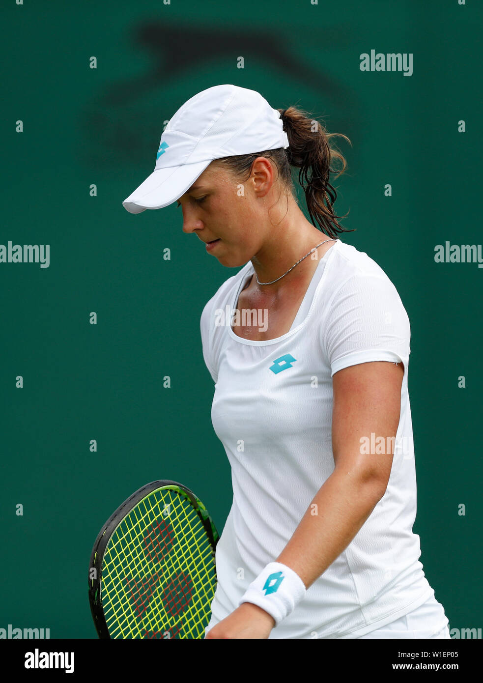 London, Britain. 2nd July, 2019. Vera Lapko of Belarus reacts during the  women's singles first round match with Wang Qiang of China at the 2019  Wimbledon Tennis Championships in London, Britain, on