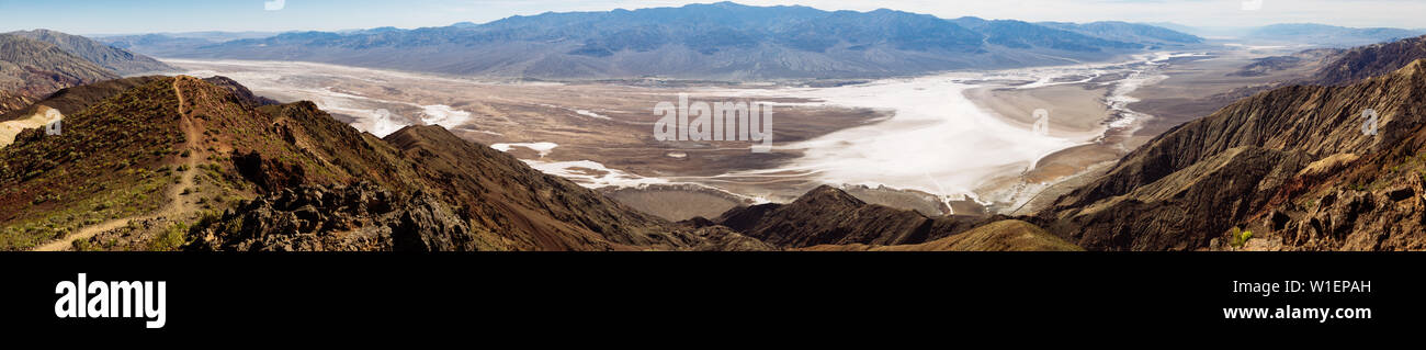 Panoramic view of Devil's Golf Course and Badwater Basin salt flat from Dante's View observation point, Death Valley National Park, California, USA Stock Photo