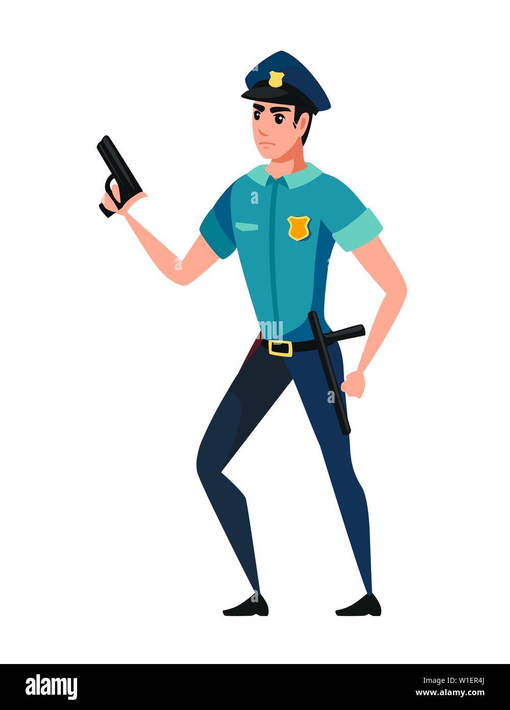 Police officer hold the weapon and wearing dark blue pants light blue shirt cartoon character design flat vector illustration. Stock Vector