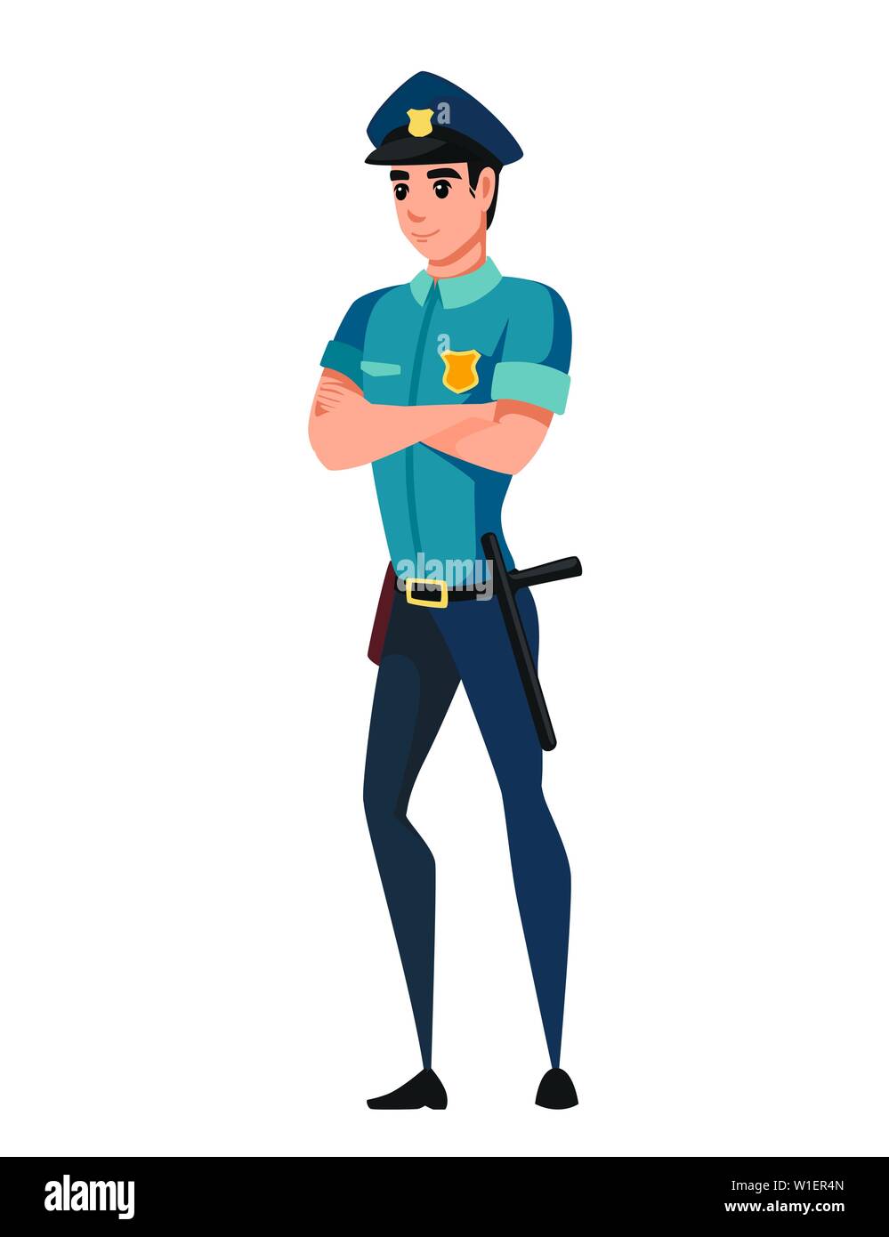 Police officer wearing dark blue pants light blue shirt cartoon character design flat vector illustration. Stock Vector