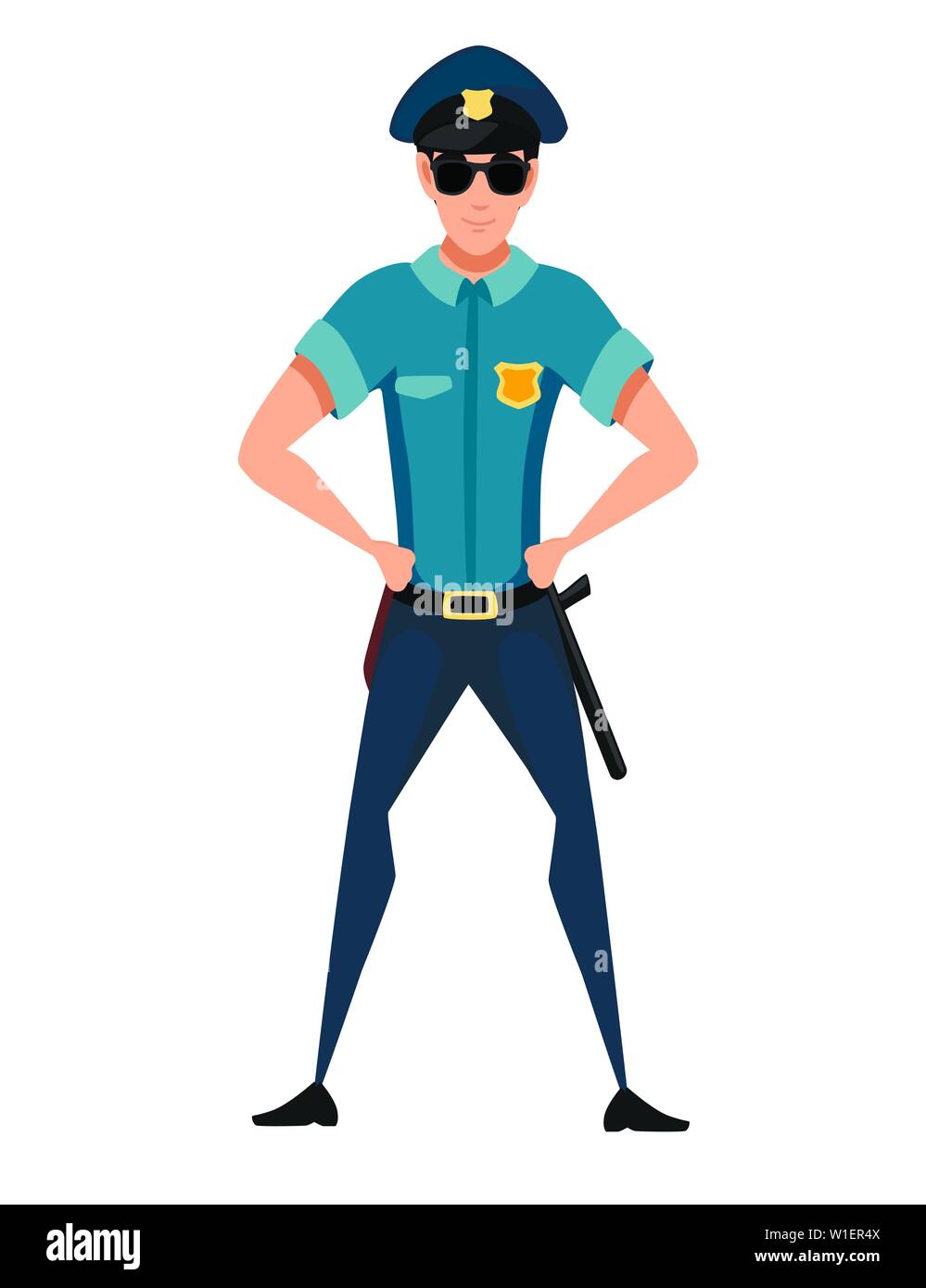 Police officer wearing dark blue pants light blue shirt and black sunglasses cartoon character design flat vector illustration. Stock Vector