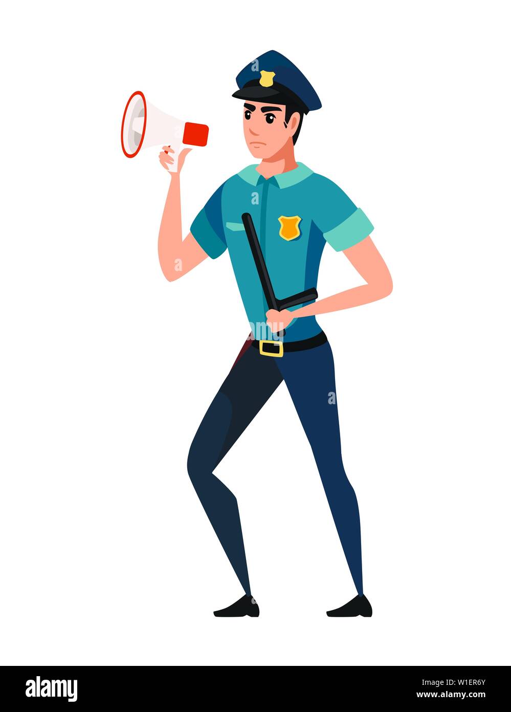 Police officer yelling through a megaphone wearing dark blue pants light blue shirt cartoon character design flat vector illustration. Stock Vector