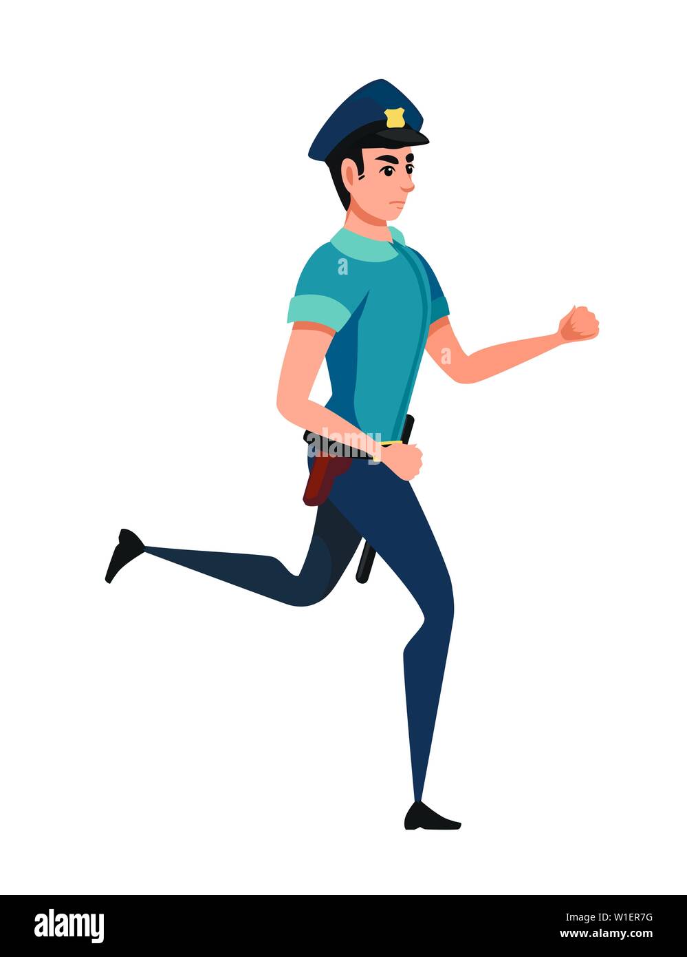 Running police officer wearing dark blue pants light blue shirt cartoon character design flat vector illustration. Stock Vector