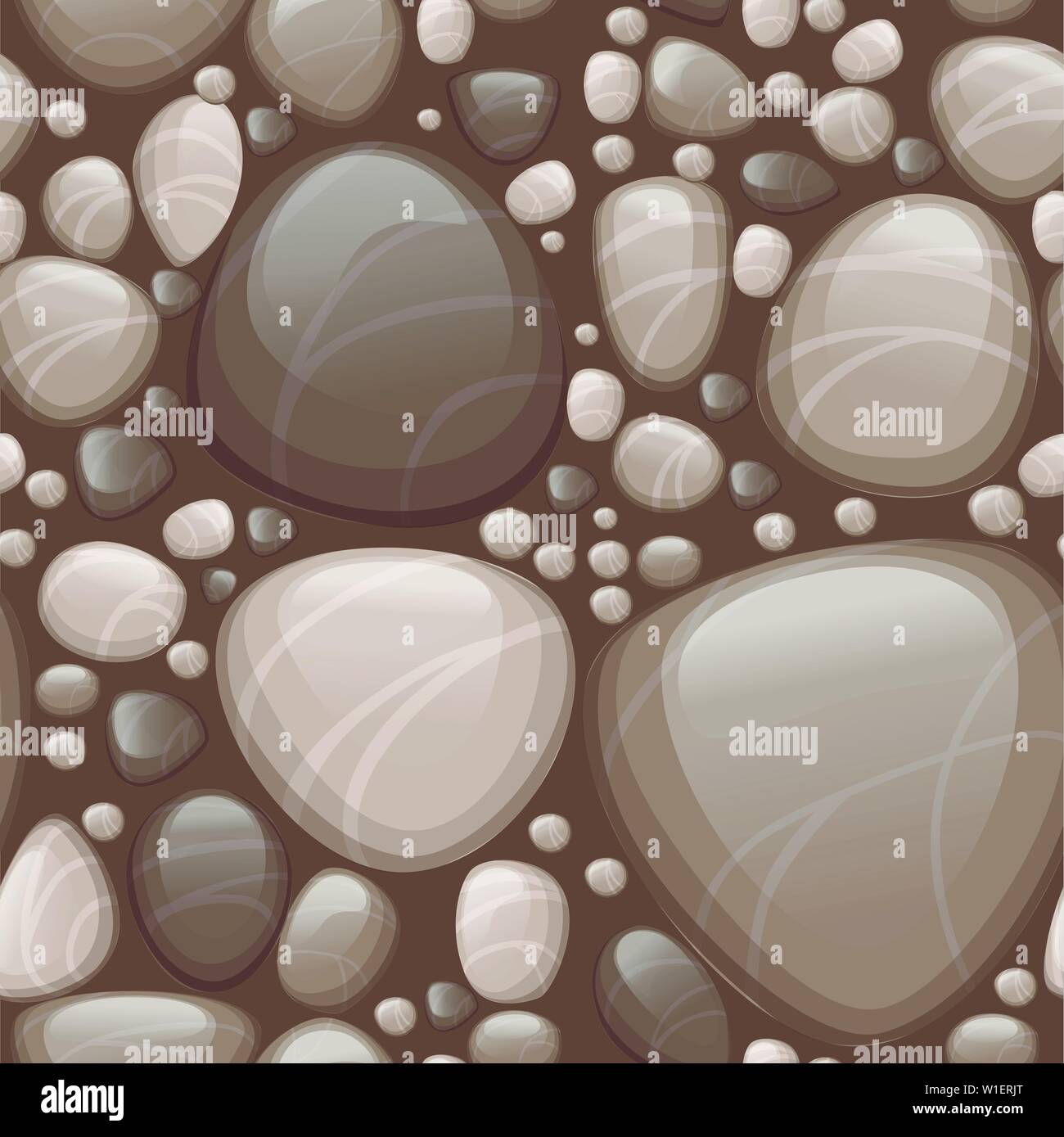 Seamless pattern of smooth stones or pebbles flat vector illustration on brown background. Stock Vector