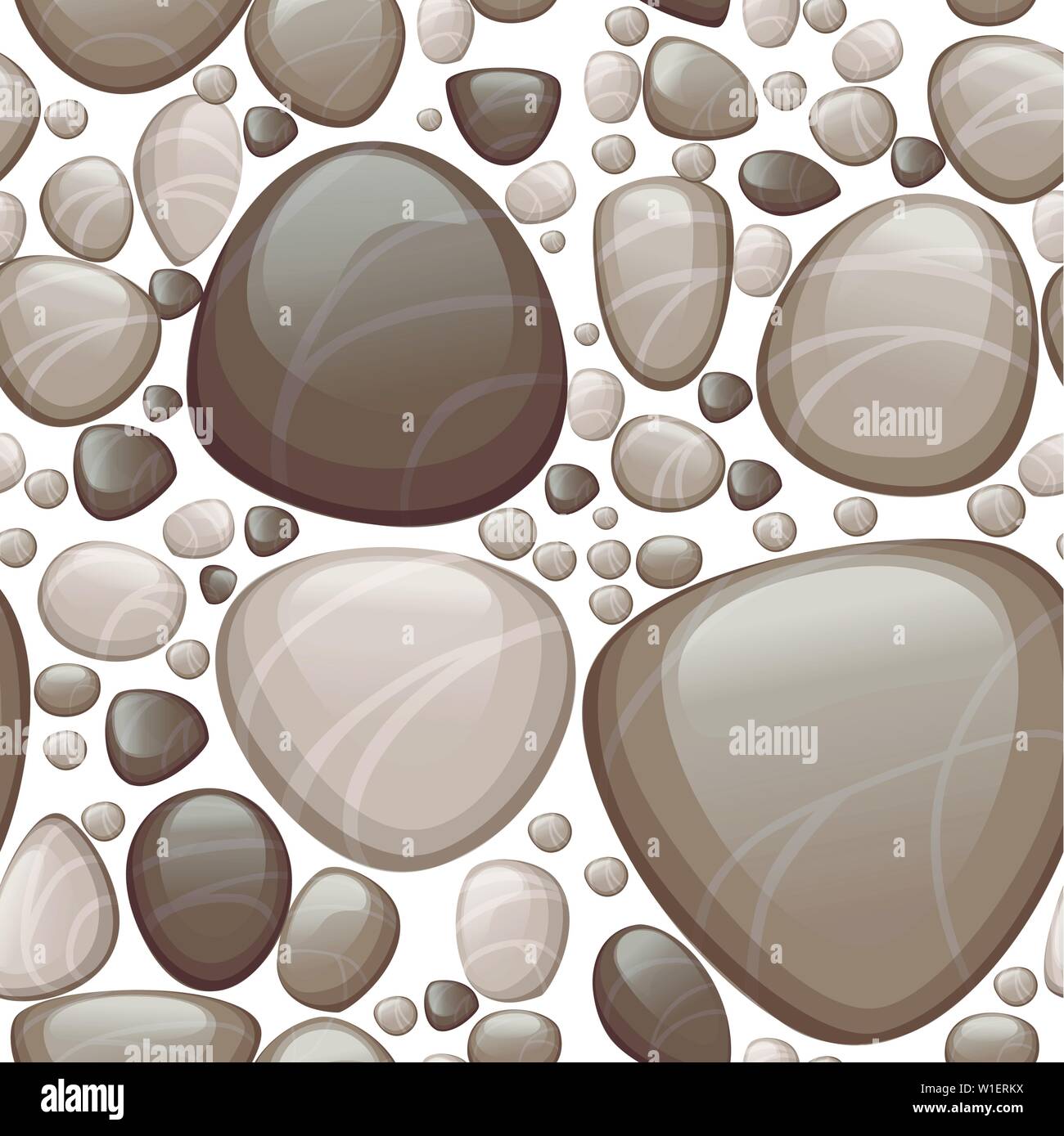 Seamless pattern of smooth stones or pebbles flat vector illustration on white background. Stock Vector