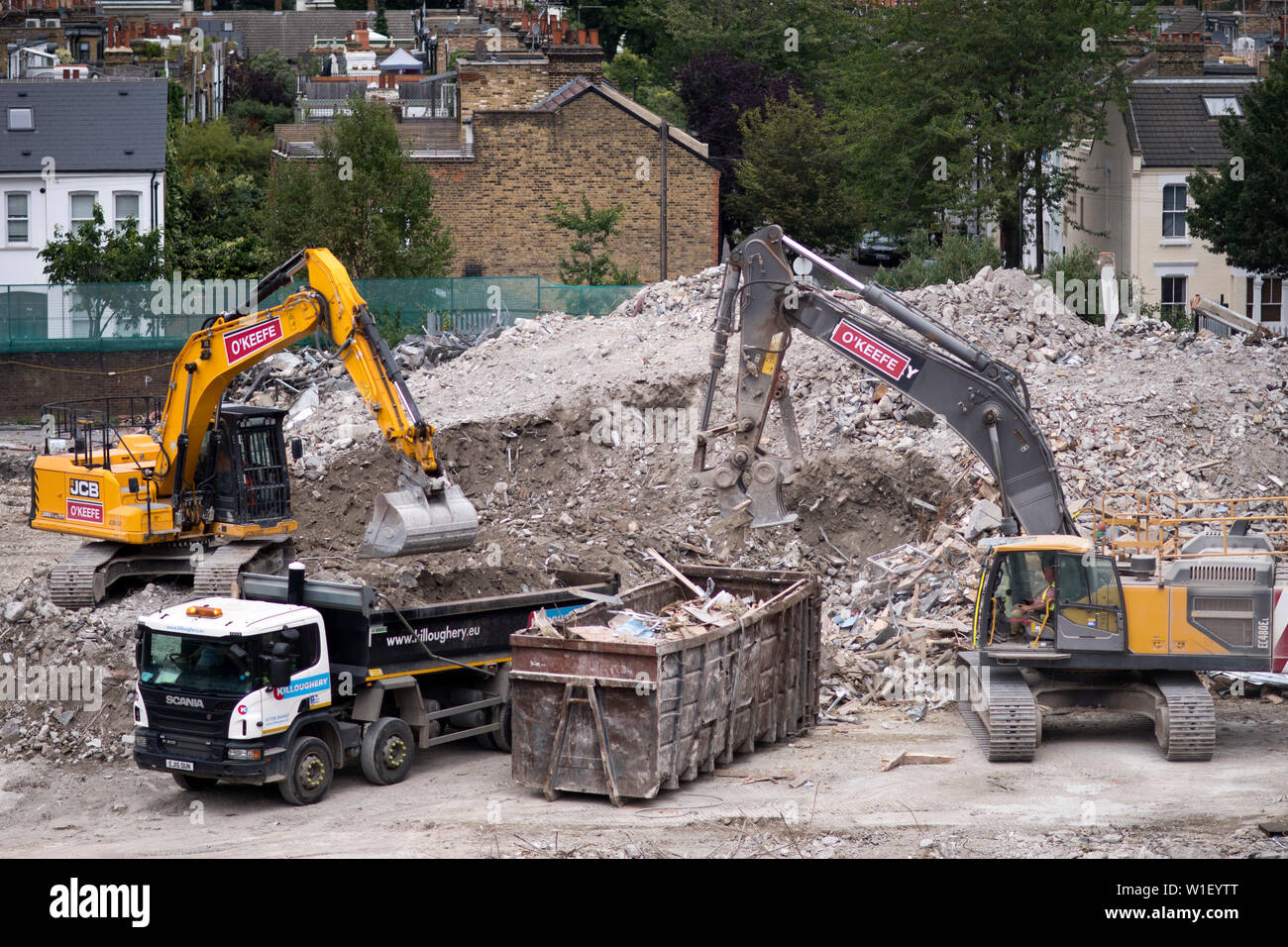 Demolishing buildings near Nine Elms regeneration area south London. June 26, 2019 Stock Photo