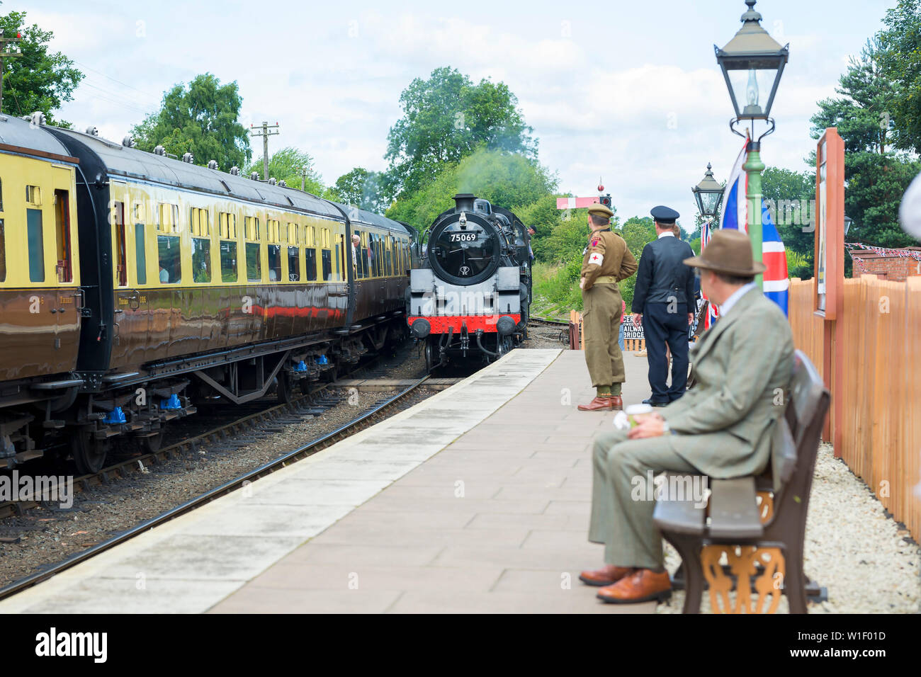 Kidderminster, UK. 29th June, 2019. Severn Valley Railway's 'Step back to the 1940s' gets off to a fabulous start this summer with costumed re-enactors playing their part in providing an authentic recreation of wartime, WWII Britain. Credit: Lee Hudson Stock Photo