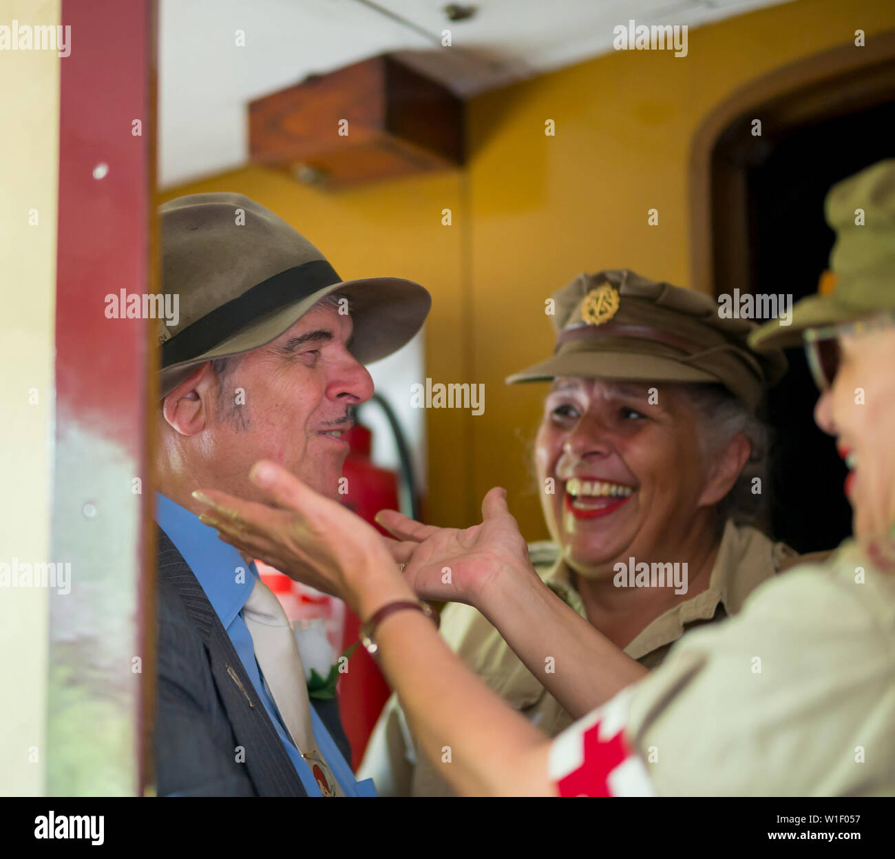 Kidderminster, UK. 29th June, 2019. Severn Valley Railways 'Step back to the 1940's' gets off to a fabulous start this summer with costumed re-enactors playing their part in providing an authentic recreation of WW2 wartime Britain. Friends reunited on board a vintage steam train, meeting and greeting inside vintage railway carriage. 'We'll meet again' coming true! Credit: Lee Hudson Stock Photo