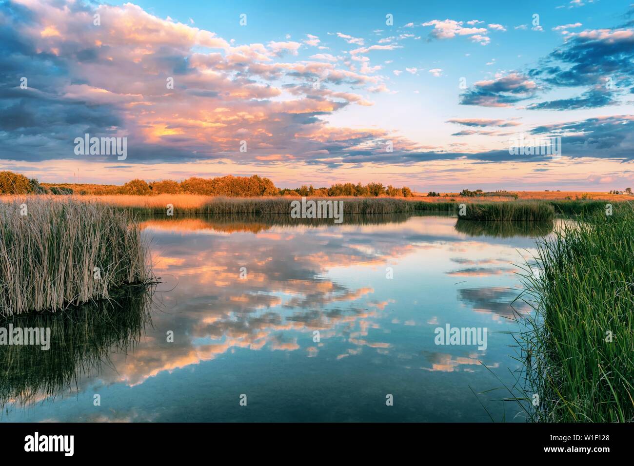 Colorful lake at sunset in Tablas de Daimiel National Park. Ciudad Real. Spain. Stock Photo