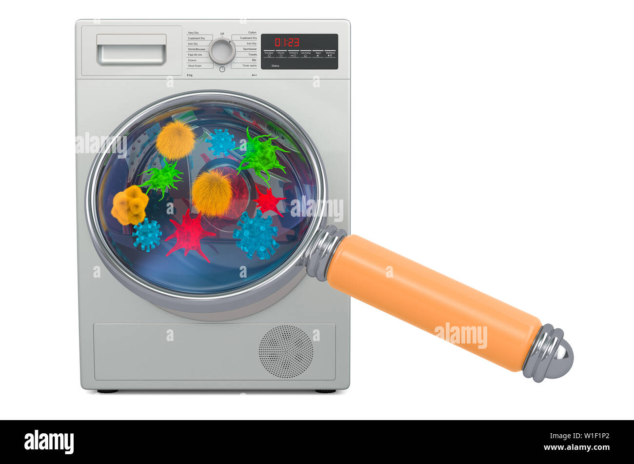 Washing machine with germs and bacterias under magnifying glass. 3D rendering isolated on white