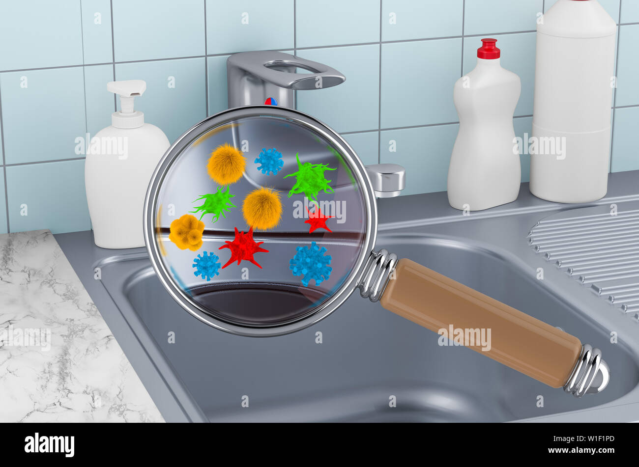 Kitchen Sink With Germs And Bacterias Under Magnifying Glass