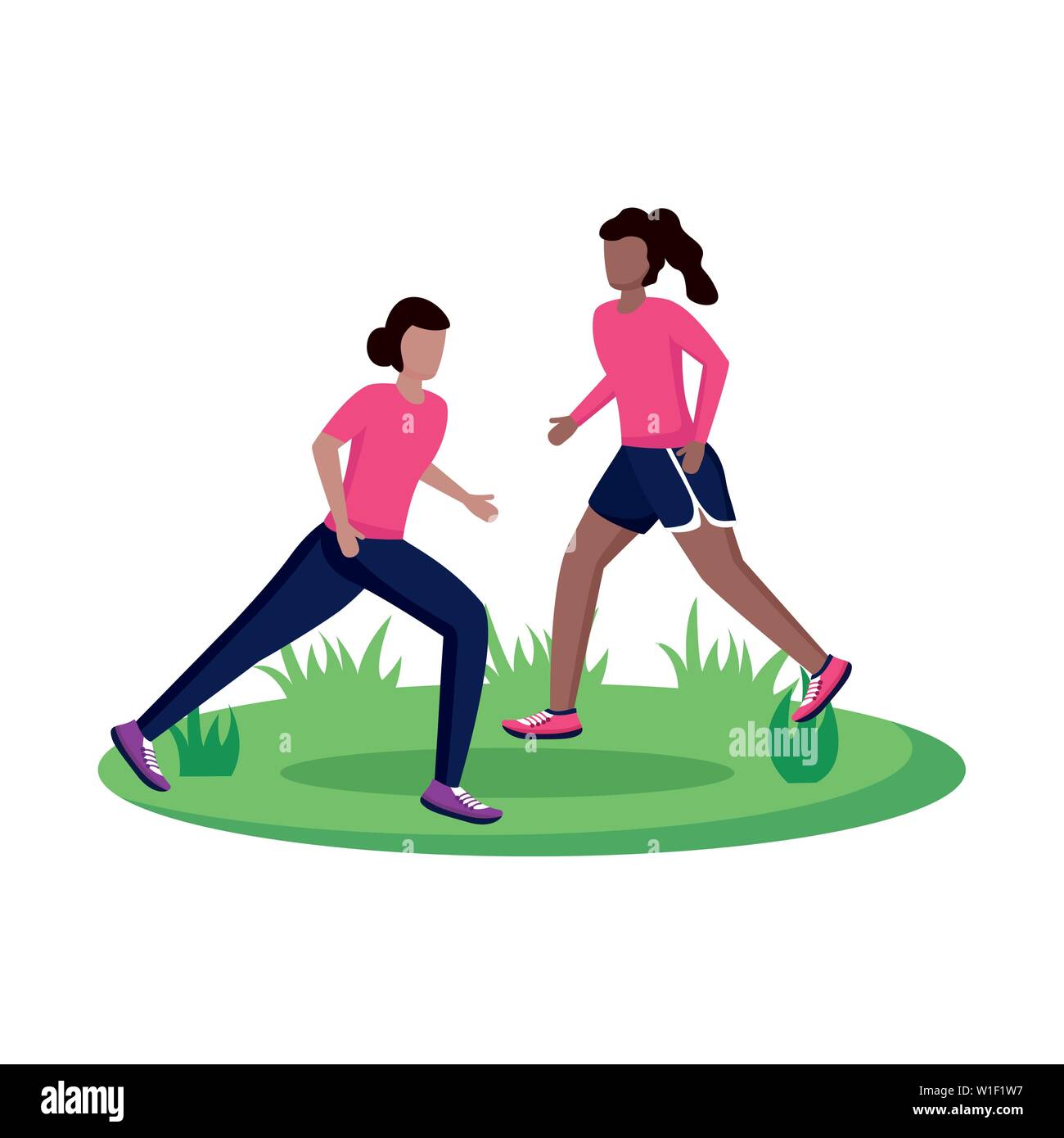 two women practicing running activity outdoors vector illustration ...