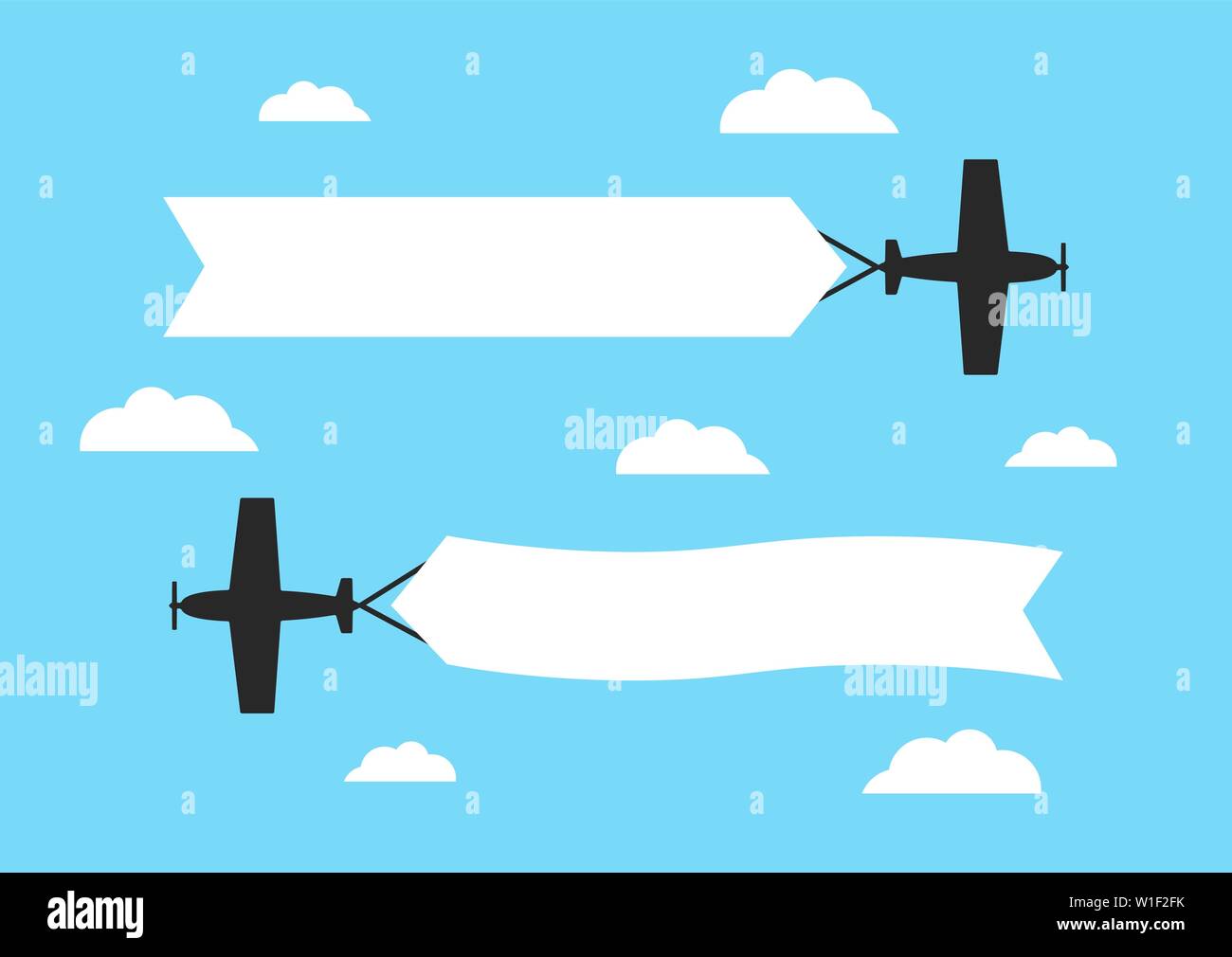 Flying airplanes with advertising banners. Planes with blank ribbons. Stock Vector