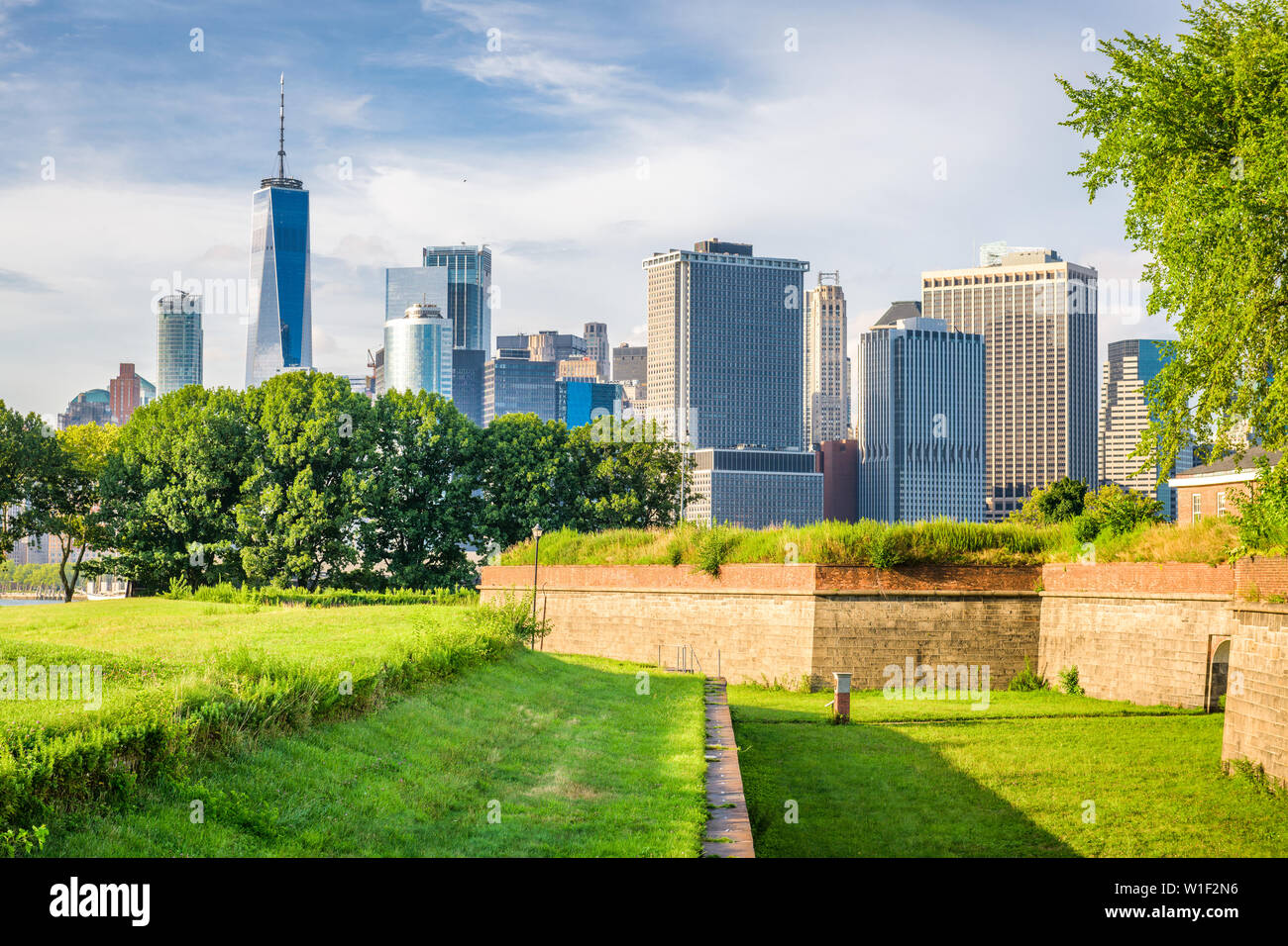 New York, New York, USA from Governors Island with historic Fort Jay. Stock Photo